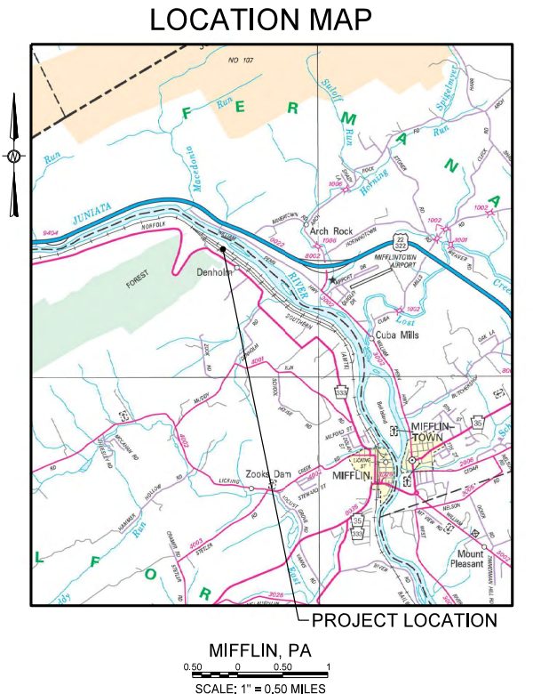 Location map showing the project site near Mifflin, Pennsylvania, along the Juniata River corridor near Mifflintown.
